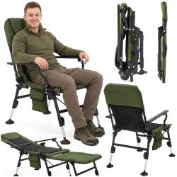 Scaun pliabil premium pentru pescuit sau camping cu suport pentru picioare, reglabil in 5 pozitii, picioare reglabile pe inaltime, 81x57x100 cm, 140 k