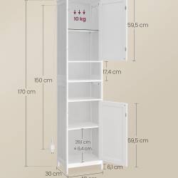 VASAGLE Dulap inalt pentru baie cu iluminare LED si rafturi reglabile, MDF, 30x40x170 cm, alb