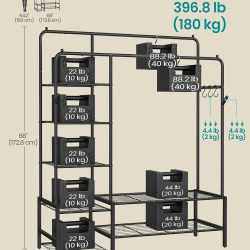 SONGMICS Suport haine cu 2 bare si 7 rafturi, carlige suplimentare de agatare, capacitate 180 kg, 45x116x173 cm, negru