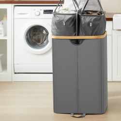 SONGMICS Cos de rufe textil cu 2 compartimente si capac, saci detasabili, 150 L, 52x39x75 cm, gri
