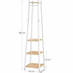 VASAGLE Cuier cu 8 carlige duble, 4 rafturi si bara pentru umerase, cadru metalic, stil industrial, 43x43x180 cm, stejar si alb