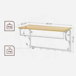 VASAGLE Cuier de perete cu raft de depozitare si sina, 5 carlige, 30x60x32 cm, alb si stejar