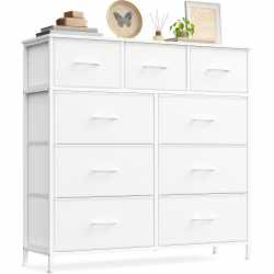 SONGMICS Comoda cu 9 sertare, cadru metalic si blat MDF, sertare textile, 99x30x95 cm, alb