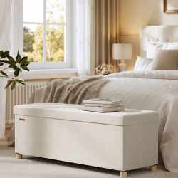 SONGMICS Bancuta depozitare pliabila cu picioare din lemn, 112 litri, sezut din catifea, capacitate 300 kg, 38x110x40 cm, bej cappuccino