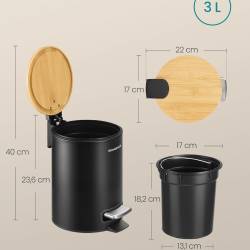 SONGMICS Cos de gunoi cu pedala, ideal pentru baie, capac din bambus cu inchidere lenta, galeata interioara detasabila, 3 litri, 17x22x24 cm, negru