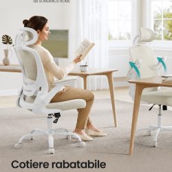 SONGMICS Scaun birou ergonomic cu tetiera, suport lombar reglabil si cotiere rabatabile, 64x64x130 cm, bej cappuccino