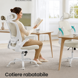 SONGMICS Scaun birou ergonomic cu tetiera, suport lombar reglabil si cotiere rabatabile, 64x64x130 cm, bej cappuccino