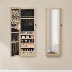 SONGMICS Dulap pentru bijuterii cu oglinda, montare pe perete sau usa, material MDF, inchidere cu cheie, 120x37x10 cm, stejar