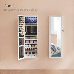 SONGMICS Dulap pentru bijuterii cu oglinda, MDF, iluminare LED, montare pe perete sau usa, 37x10x120 cm, alb