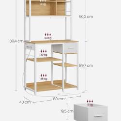 VASAGLE Raft bucatarie cu sertar si 12 carlige, 4 rafturi reglabile, 4 prize incorporate, stil industrial, 80x40x180 cm, stejar auriu si alb