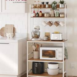 VASAGLE Raft de bucatarie cu spatiu pentru cuptorul cu microunde, 5 rafturi reglabile, 4 prize incorporate, cadru metalic, 80x40x170 cm, maro rustic s
