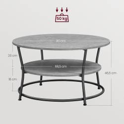VASAGLE Masuta de cafea rotunda cu raft, 80x80x47 cm, cadru metalic, stil industrial, gri beton si negru