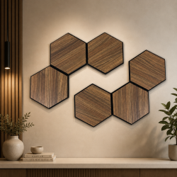 Set 6 panouri decorative hexagonale MDF si fetru, LDA PREMIUM, 30x26 cm, Nuc Modena