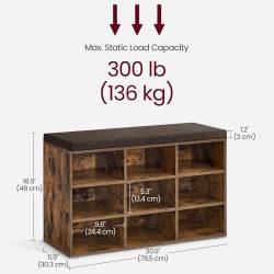 VASAGLE Banca pentru pantofi cu sezut tapitat, 9 compartimente si rafturi reglabile, 79x30x48 cm, maro rustic
