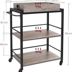 VASAGLE Carucior de servire pe roti pentru bucatarie, 3 polite, tava detasabila, stil industrial, 40x72x86cm, gri stejar