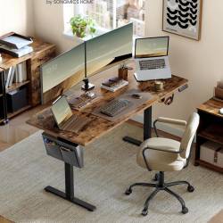 SONGMICS Birou electric reglabil pe inaltime, cadru metalic, functie memorie 4 pozitii, 160x70x(72-120) cm, maro rustic