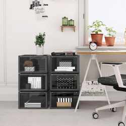 SONGMICS Organizatoare pantofi, transparente cu usa frontala, stivuibile, PVC, 6 cutii x 36x28x22 cm, negru