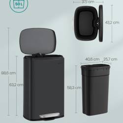 SONGMICS Cos de gunoi din inox cu pedala, capac soft close si galeata interioara detasabila, 50 litri, 43x37x63 cm, negru