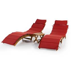 Set 2 sezlonguri pliabile cu masa, perne reversibile de culoare rosu sau gri, lemn de salcam, 180x54x63 cm, maro