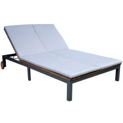 Sezlong dublu de gradina cu roti, din lemn de salcam, 202x120x31 cm, maro
