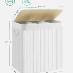 SONGMICS Cos de rufe din bambus, pliabil, cu captuseala detasabila lavabila, 3 compartimente, 150L, 60x40x62cm, alb