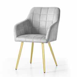 Set 2 scaune dining tapitate cu velur Luxano, cusaturi patrate, picioare aurii, 54x58x82 cm, gri