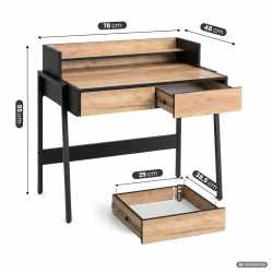 Birou compact, MDF melaminat, cu 2 sertare si raft, cadru metalic, 78x48x95 cm, stejar craft si negru