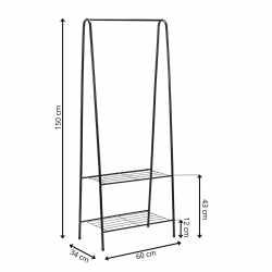 Suport metalic pentru haine cu bara si 2 rafturi, structura otel, 60x34x150 cm, negru