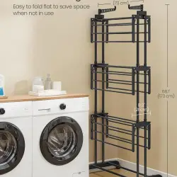 SONGMICS Uscator rufe pliabil cu roti, cu 4 niveluri, din inox si plastic, 2 umerase, 128x64x173 cm, negru