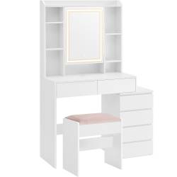 VASAGLE Masa de toaleta cu taburet si oglinda, iluminare LED reglabila, 6 sertare, 98x40x145 cm, alb