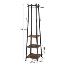 VASAGLE Cuier de haine cu 3 rafturi, suport cu carlige, din otel, 43x43x180 cm, stil industrial, maro rustic si negru