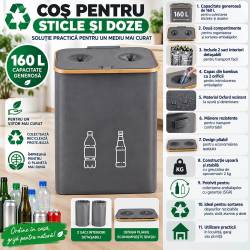 Cos pliabil pentru colectarea selectiva a sticlelor si dozelor reciclabile SGR, capacitate 160 L, 2 compartimente pentru sortare, capac din bambus cu