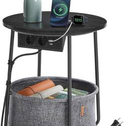 VASAGLE Masuta de cafea rotunda cu cos de stofa, statie de incarcare 2 prize si 2 USB, 45x50cm, negru