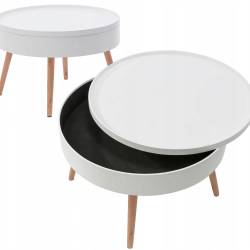 Masuta de cafea rotunda 60x40 cm, cu blat detasabil si spatiu depozitare, picioare din lemn de pin, alba