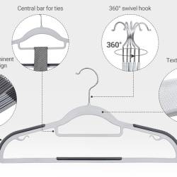 SONGMICS Set de 30 de umerase pentru haine, anti-alunecare, bara de cravata si carlig pivotant, 42cm, gri