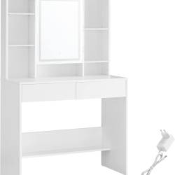 VASAGLE Masa de toaleta cu oglinda, iluminare LED reglabila, 2 sertare, 90x40x145cm, alb