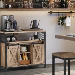 VASAGLE Comoda pentru living sau bucatarie, cu 2 usi glisante, rafturi reglabile, stil rustic, 33x100x80 cm, maro