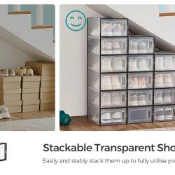 SONGMICS Cutii de pantofi, set de 18 organizatoare stivuibile, structura rezistenta ABS, 34x23x14cm, transparent si negru