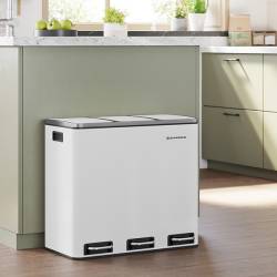 SONGMICS Cos de gunoi din inox cu 3 compartimente colectare selectiva, cu galeti interioare, 3x18litri, 62x32x56cm, alb