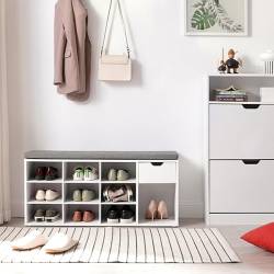 VASAGLE Banca de depozitare cu suport pentru pantofi, 10 compartimente si dulap, cu perna, 30x104x48cm, alb