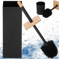 Perie WC cu rezervor detasabil si capac, din metal si bambus, 40 cm, negru