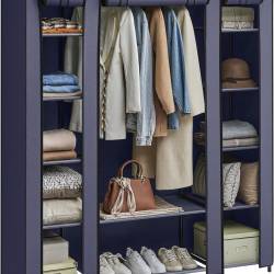 SONGMICS Garderoba din material textil, dulap portabil, cu rafturi si sina de agatat, 150x45x175cm, albastru
