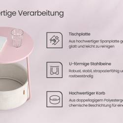 VASAGLE Masuta de cafea rotunda cu cos de stofa, stil modern, 45x50cm, roz cu bej