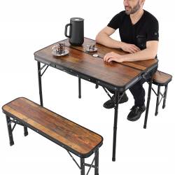 Set mobilier de camping pliabil, masa cu 2 banci, structura otel cu blat MDF, 90x60cm, maro