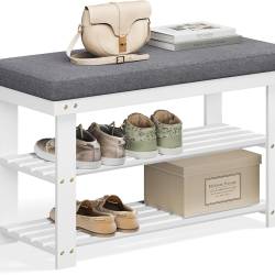 SONGMICS Banca pentru pantofi din bambus, 2 niveluri, cu perna, sarcina 150 kg, 71x29x49 cm, alb si gri