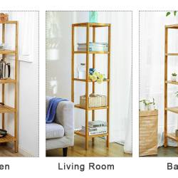 SONGMICS Raft de depozitare din bambus, 5 polite, pentru bucatarie sau baie, 146x33x33cm, maro natural