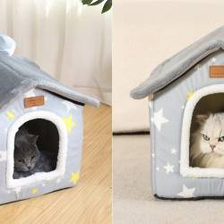Cusca pentru pisici sau caini de talie mica, pentru interior, din catifea si bumbac, perna inclusa, 52x43x50cm