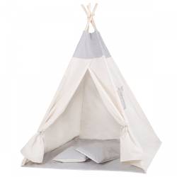 Cort copii Sersimo stil indian Teepee Tent cu fereastra, covoras gros si 2 perne, alb gri monocrom
