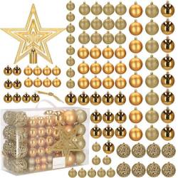 Set globuri si decoratiuni de Craciun, 100 piese, diverse dimensiuni cu stea, auriu
