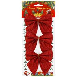 Set 3 ornamente pentru bradul de Craciun, fundita, 11 cm, rosu
